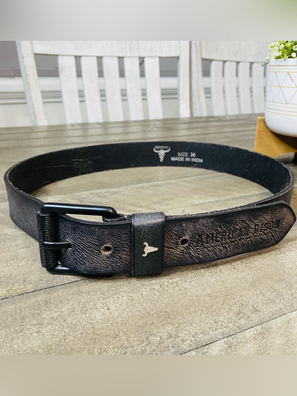 American Bison Black Distressed Leather Belt Men’s Size 36 Longhorn Western